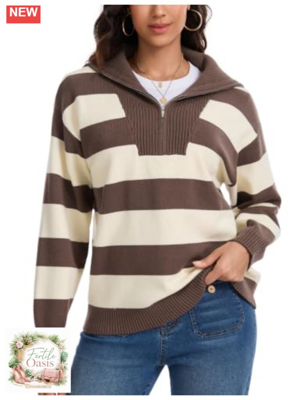 Women's Oversized Quarter Zip Striped Knit Pullover, Half Zip